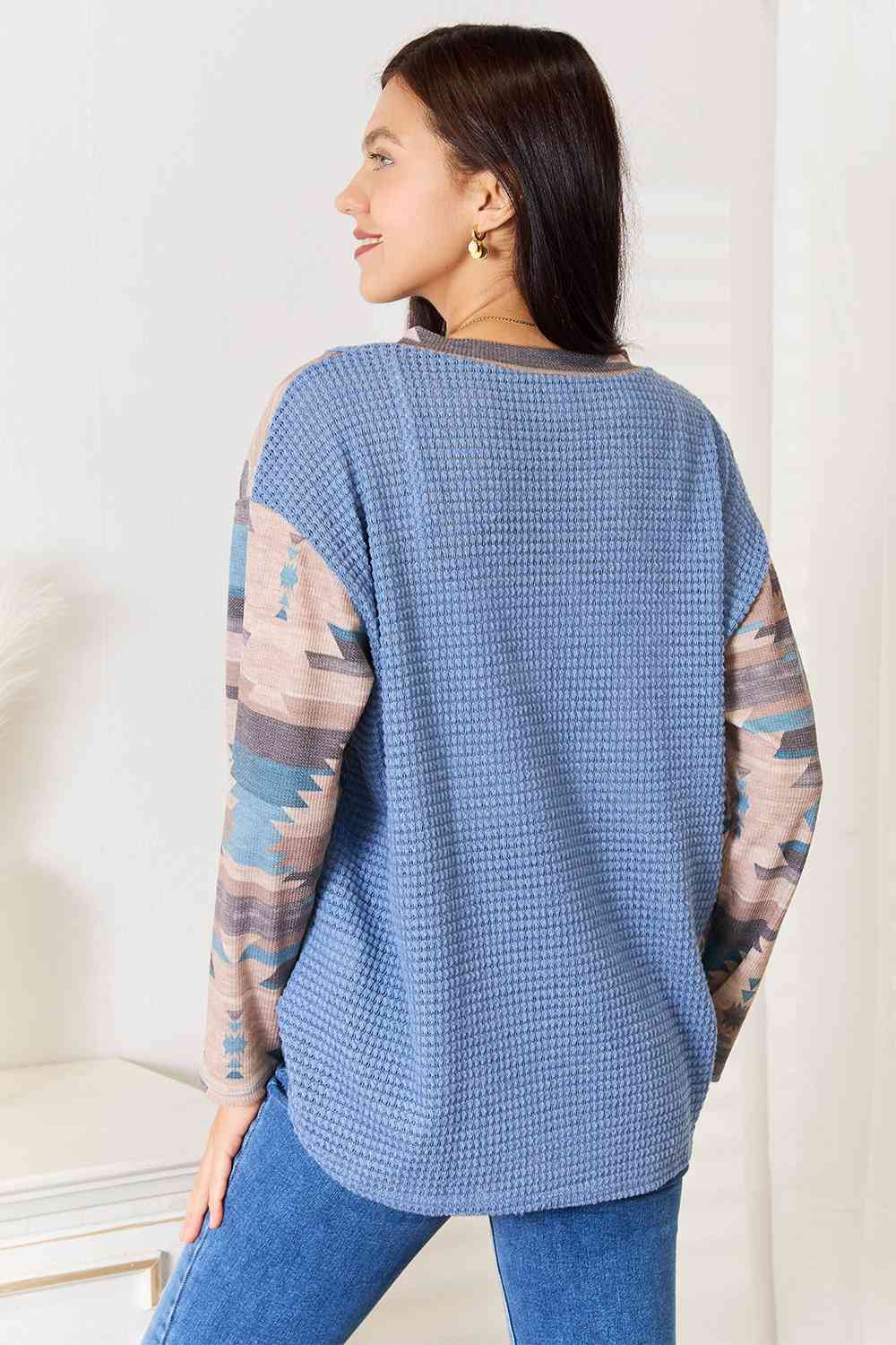 Sew In Love Full Size Waffle Knit Tribal Print Top