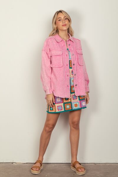 Pink n Playful VERY J Full Size Button Up Raw Hem Long Sleeve Jacket