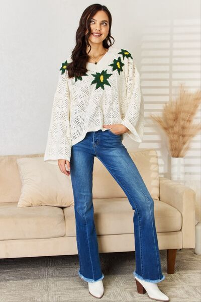 Meadows POL Floral Embroidered Pattern V-Neck Sweater