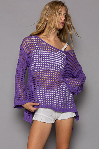 Friends POL Openwork Flare Sleeve Knit Cover Up