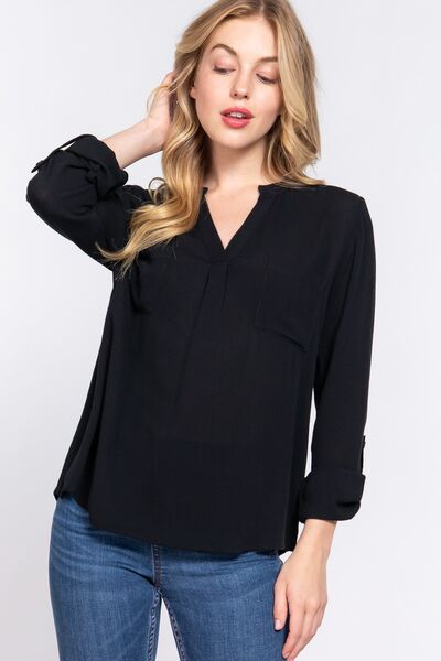 Work Day ACTIVE BASIC Full Size Notched Long Sleeve Woven Top