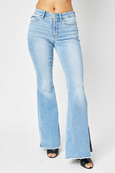 Retro Judy Blue Full Size Mid Rise Raw Hem Slit Flare Jeans