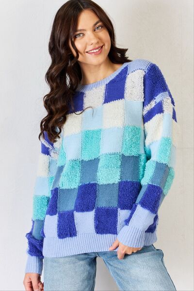 Check It Out J.NNA Checkered Round Neck Long Sleeve Sweater