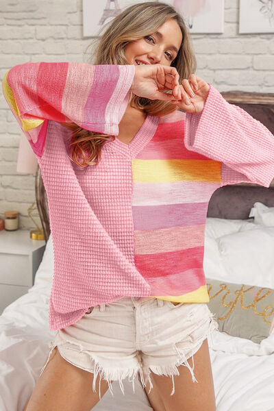 Pink Rainbow BiBi Striped Contrast Waffle Long Sleeve Top