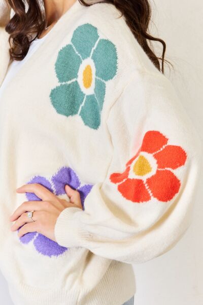 Happy Floral J.NNA Open Front Flower Pattern Long Sleeve Sweater Cardigan