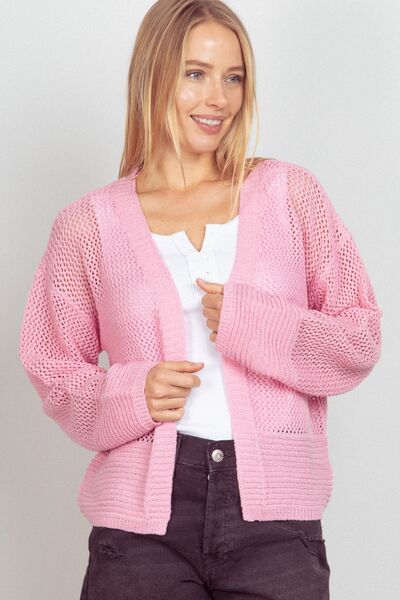 Pretty in Pink VERY J Eyelet Open Front Long Sleeve Cardigan