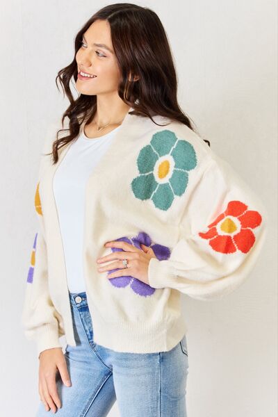 Happy Floral J.NNA Open Front Flower Pattern Long Sleeve Sweater Cardigan