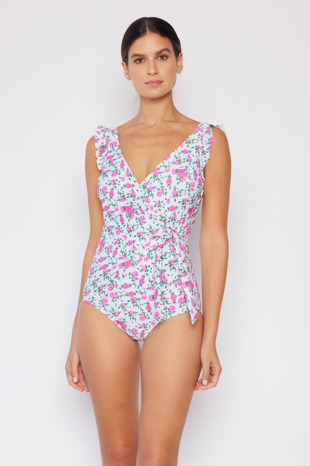Marina West Swim Full Size Float On Ruffle Faux Wrap One-Piece in Roses Off-White **** Final Sale