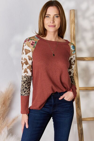 Flavorful Hailey & Co Full Size Leopard Waffle-Knit Blouse