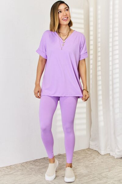 Veronica Zenana V-Neck Rolled Short Sleeve T-Shirt and Leggings Set