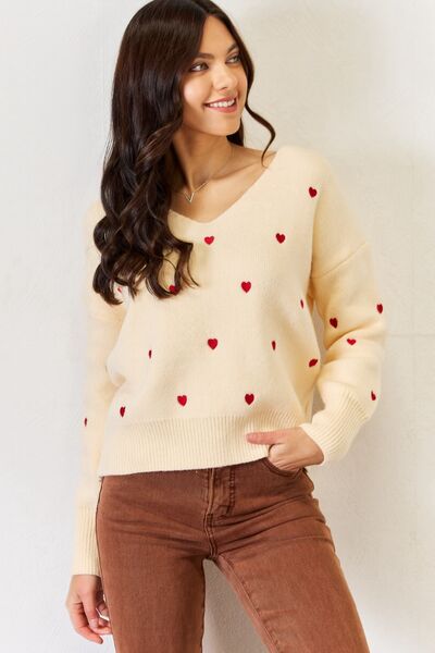 Sweetheart J.NNA Hearts Pattern V-Neck Sweater