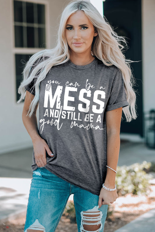 Mama Mess Graphic Round Neck Cuffed T-Shirt