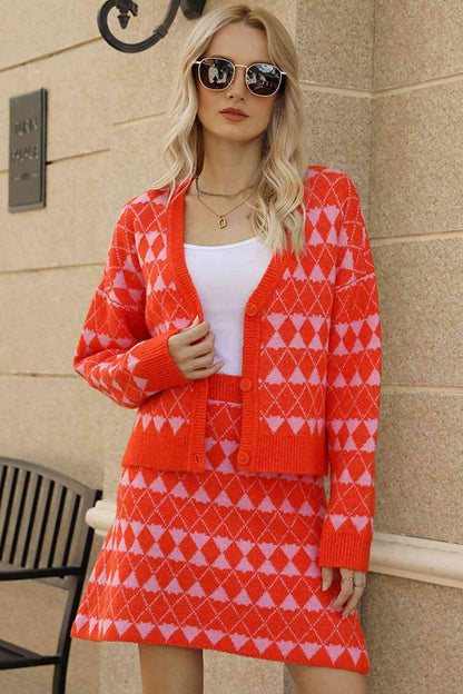 Geometric Dropped Shoulder Cardigan and Knit Skirt Set