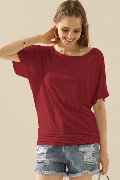 Side Swiped Ninexis Boat Neck Short Sleeve Ruched Side Top