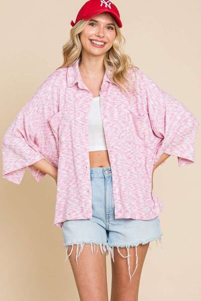 Flamingos Culture Code Button Up Drop Shoulder Slit Shirt