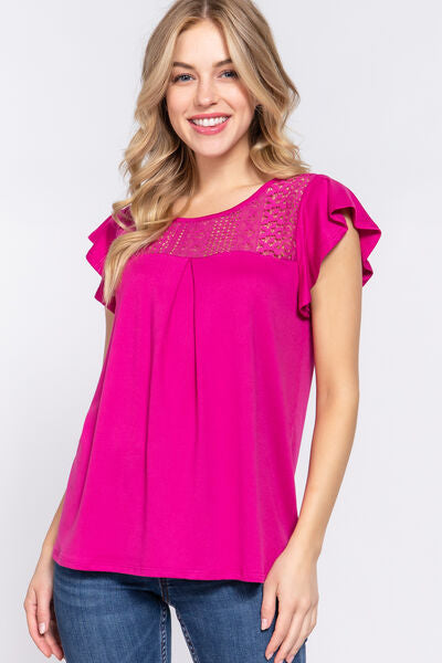 Fairy ACTIVE BASIC Ruffle Short Sleeve Lace Detail Knit Top