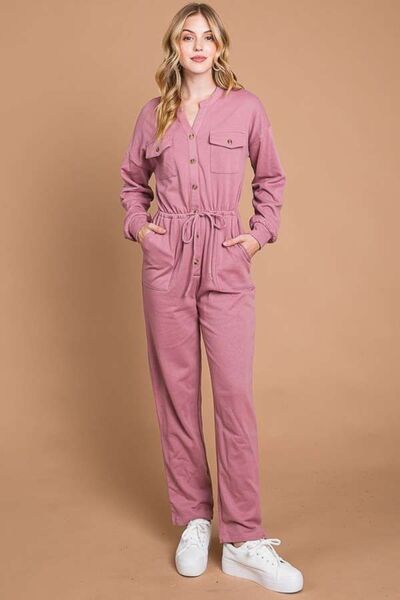 Dusty Rose Culture Code Full Size Button Up Drawstring Waist Straight Jumpsuit