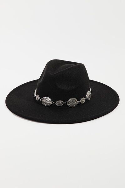 Fame Metal Trim Flat Brim Fedora Hat