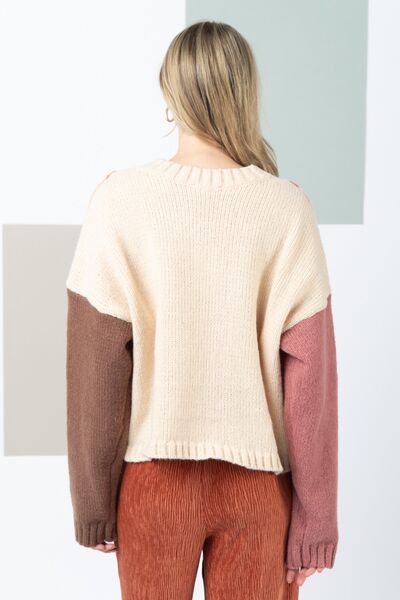 Mulit VERY J Color Block Cable Knit Long Sleeve Sweater