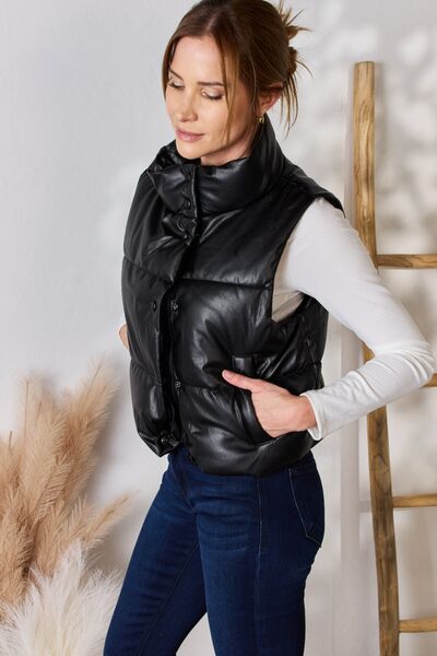 Winter Nights Love Tree Faux Leather Snap and Zip Closure Vest Coat