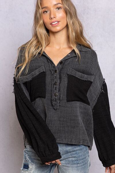 Meet me in the back POL Oversize Contrast Long Sleeve Half Button Blouse