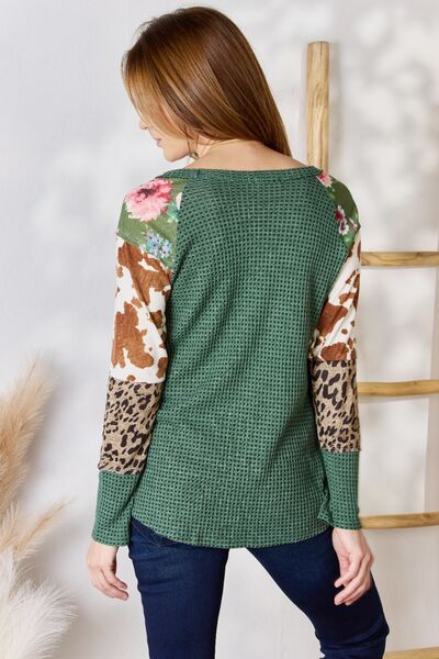 Move On Hailey & Co Full Size Waffle-Knit Leopard Blouse