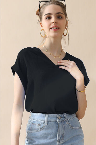 Looking for Ninexis V-Neck Trim Rolled Short Sleeve Shirt