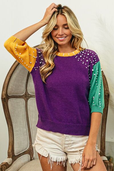 Mardi Gras BiBi Color Block Pearl Detail Round Neck Sweater