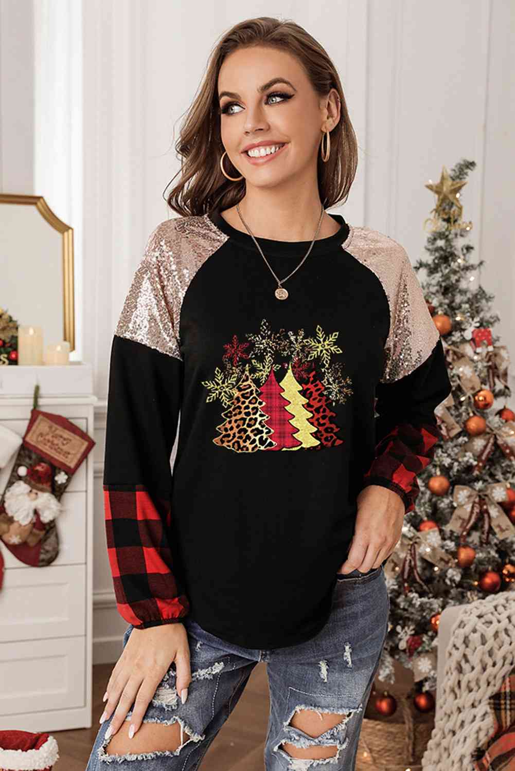 Sequin Christmas Tree Graphic  Long Sleeve T-Shirt
