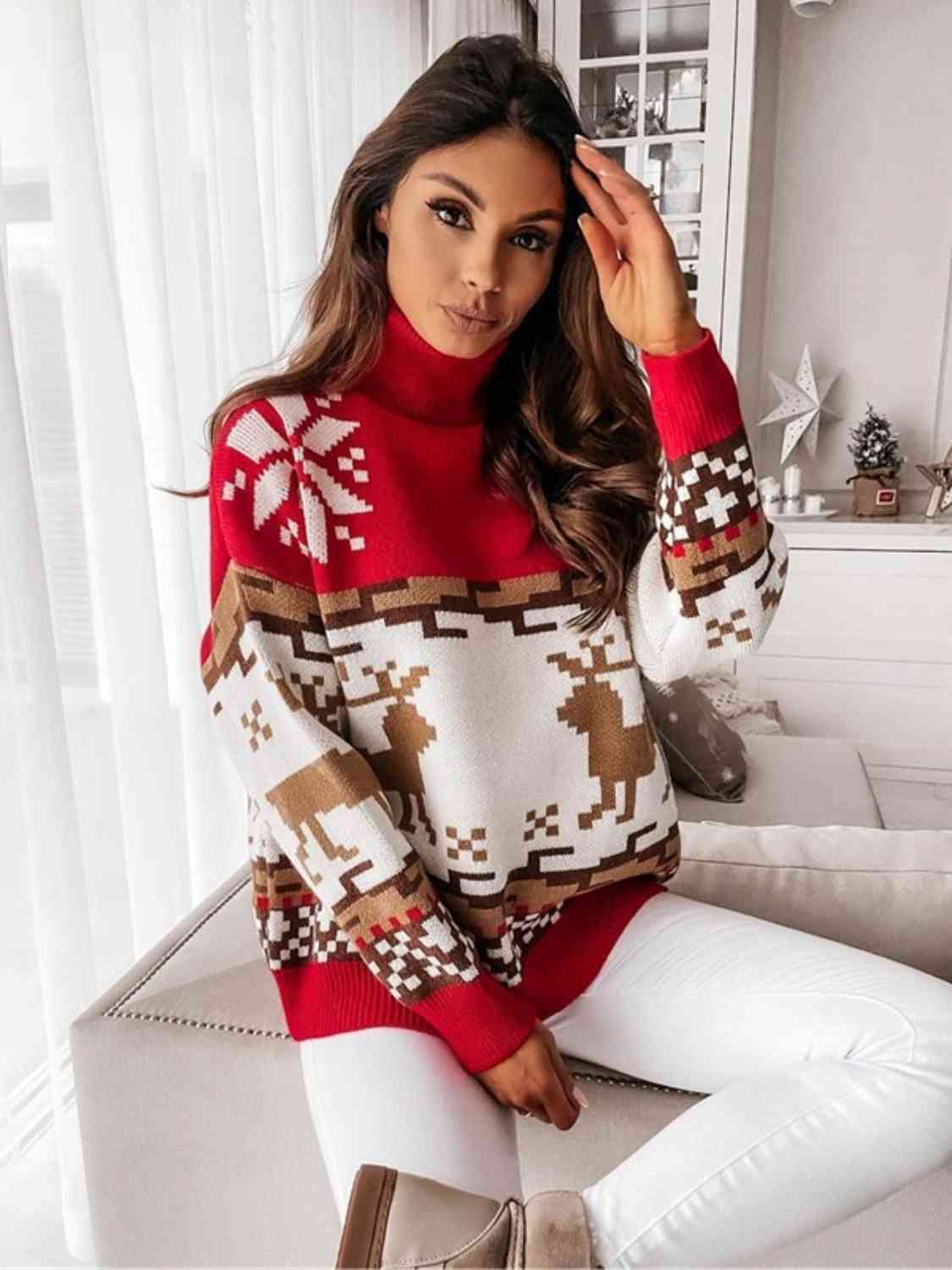 Reindeer Turtleneck Drop Shoulder Sweater