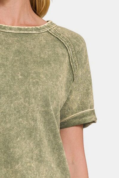 Zenana Heathered Round Neck Short Sleeve Blouse