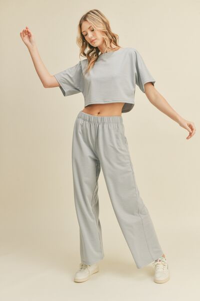 Sleep In Kimberly C Full Size Short Sleeve Cropped Top and Wide Leg Pants Set