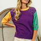 Mardi Gras BiBi Color Block Pearl Detail Round Neck Sweater