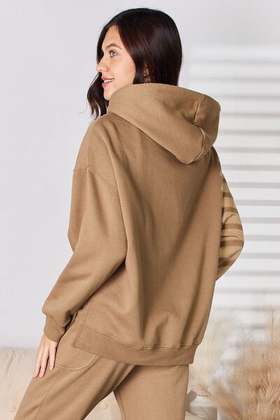 Tan RISEN Drawstring Drop Shoulder Long Sleeve Hoodie