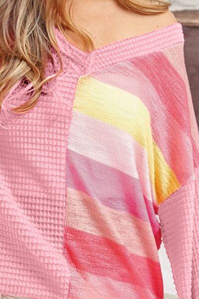 Pink Rainbow BiBi Striped Contrast Waffle Long Sleeve Top