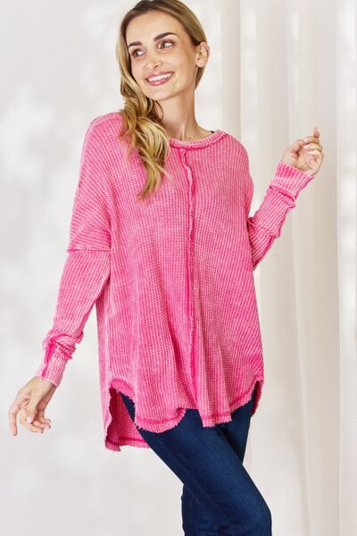 Happy Zenana Oversized Washed Waffle Long Sleeve Top