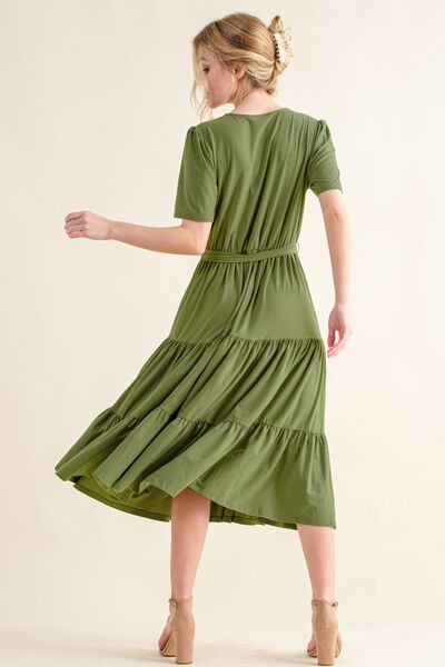 And The Why Soft Short Sleeve Tiered Midi Dress