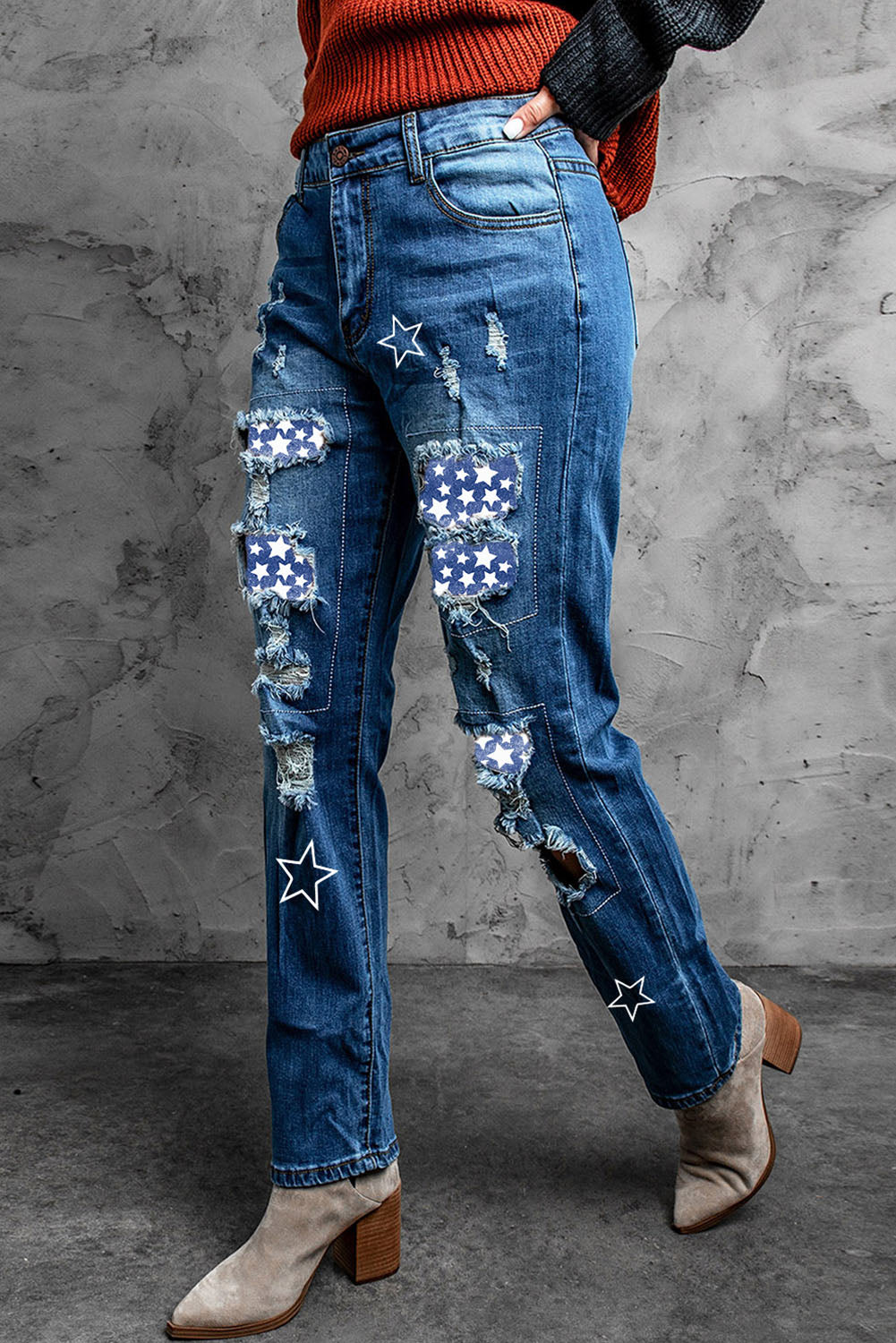 Perfectly Printed Patch Distressed Boyfriend Jeans
