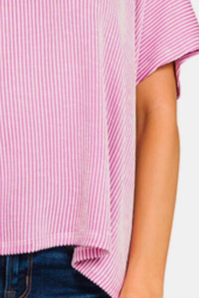 Zenana Ribbed Striped Oversized Short Sleeve Top