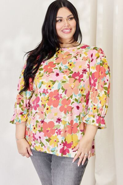 Try Me Celeste Full Size Floral Flounce Sleeve Top