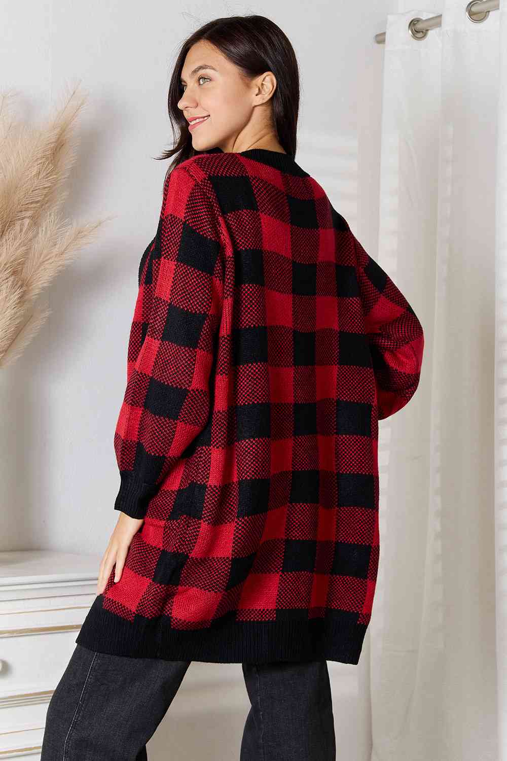 Heimish Full Size Plaid Open Front Cardigan with Pockets