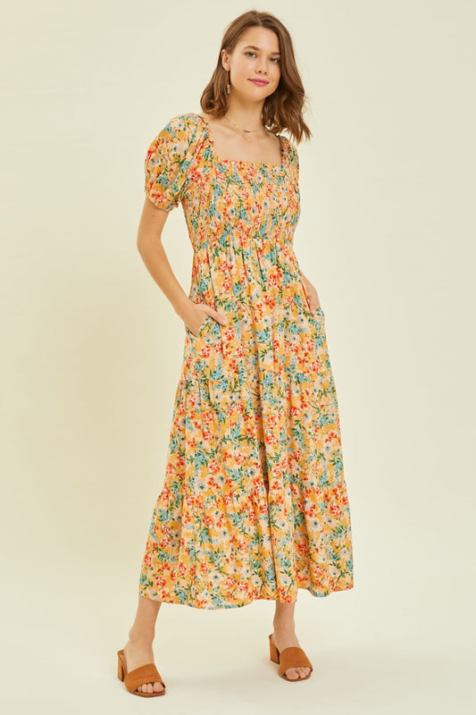HEYSON Full Size Floral Smocked Tiered Midi Dress