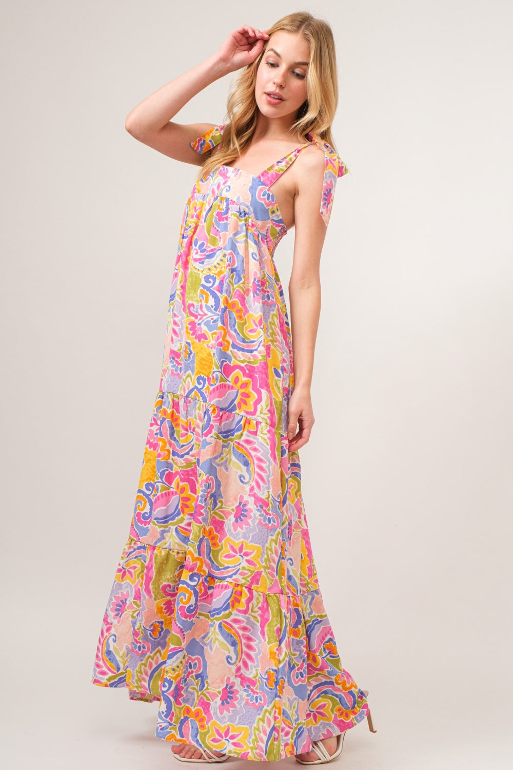 And The Why Full Size Printed Tie Shoulder Tiered Maxi Dress