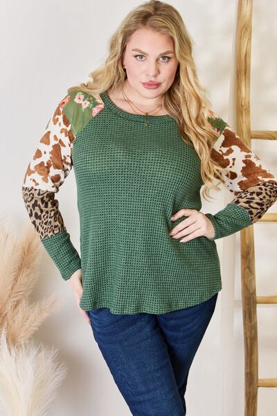 Move On Hailey & Co Full Size Waffle-Knit Leopard Blouse