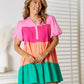 Double Take Color Block Buttoned Puff Sleeve Dress