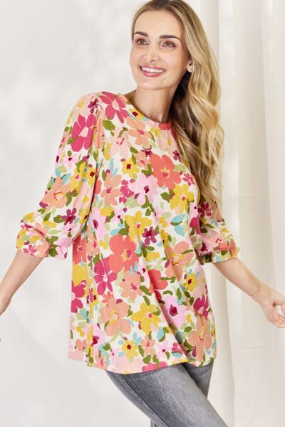 Try Me Celeste Full Size Floral Flounce Sleeve Top