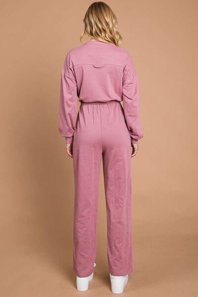 Dusty Rose Culture Code Full Size Button Up Drawstring Waist Straight Jumpsuit