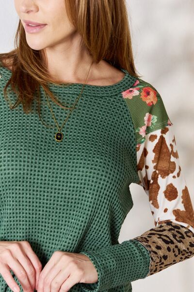 Move On Hailey & Co Full Size Waffle-Knit Leopard Blouse