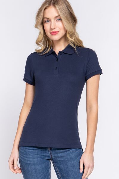 Dark Blue ACTIVE BASIC Full Size Classic Short Sleeve Polo Top