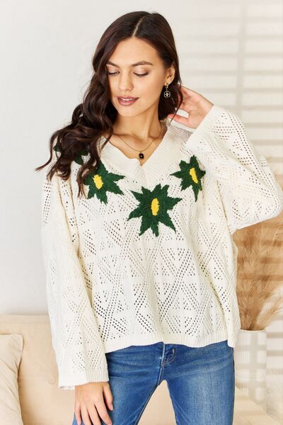 Meadows POL Floral Embroidered Pattern V-Neck Sweater